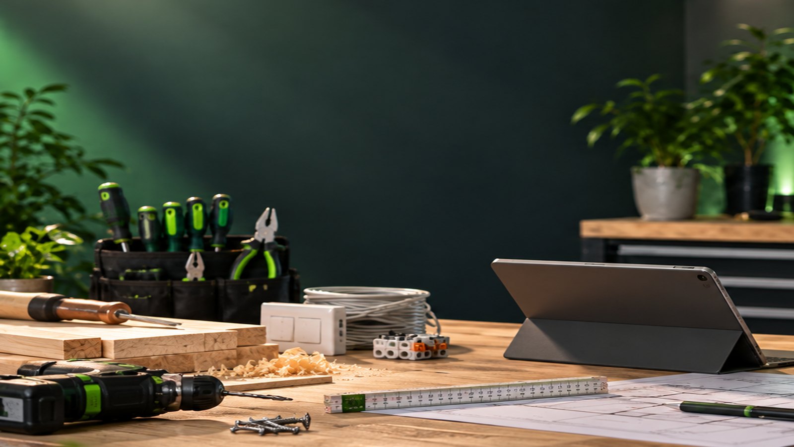 Elektrotechnik-Werkbank mit Werkzeugen und Tablet