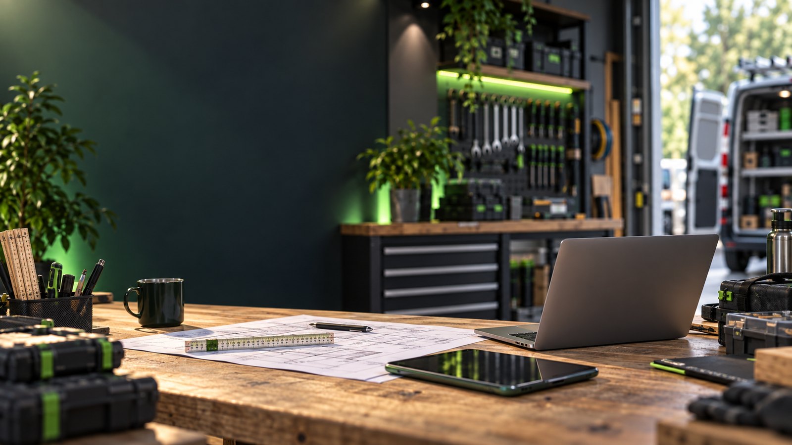 Moderner Handwerks-Arbeitsplatz mit Laptop, Tablet, Plänen und Werkzeug