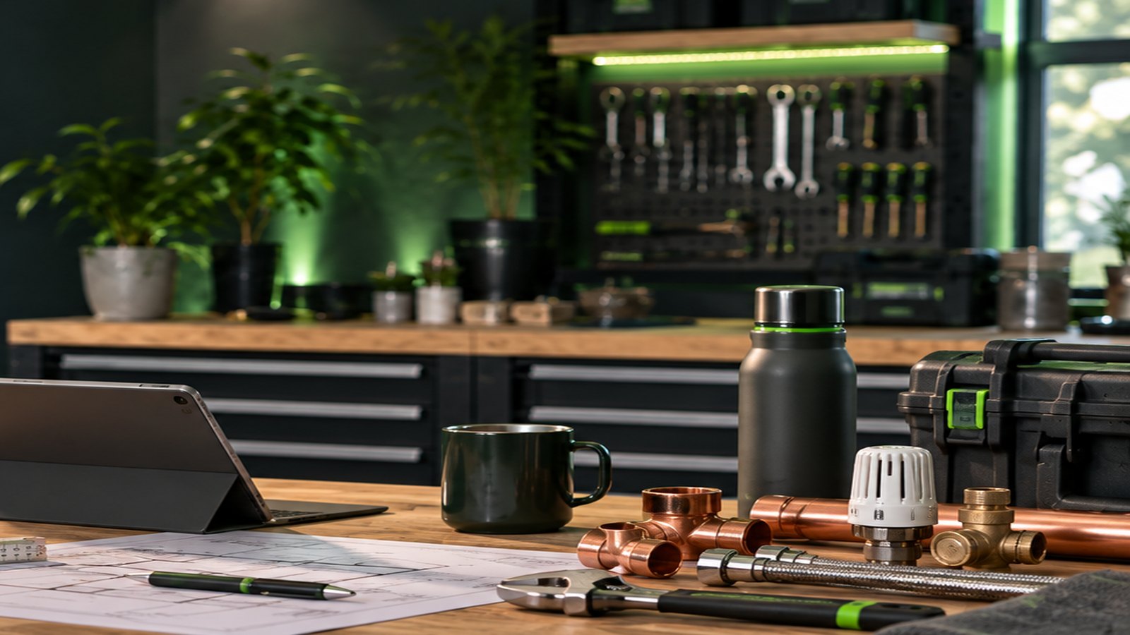 Installateur-Arbeitsplatz mit Werkzeugen und Tablet