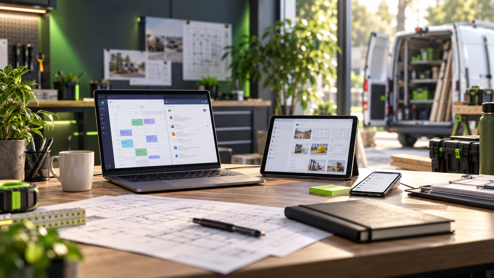 Digitaler Service-Arbeitsplatz mit Fahrzeug im Hintergrund