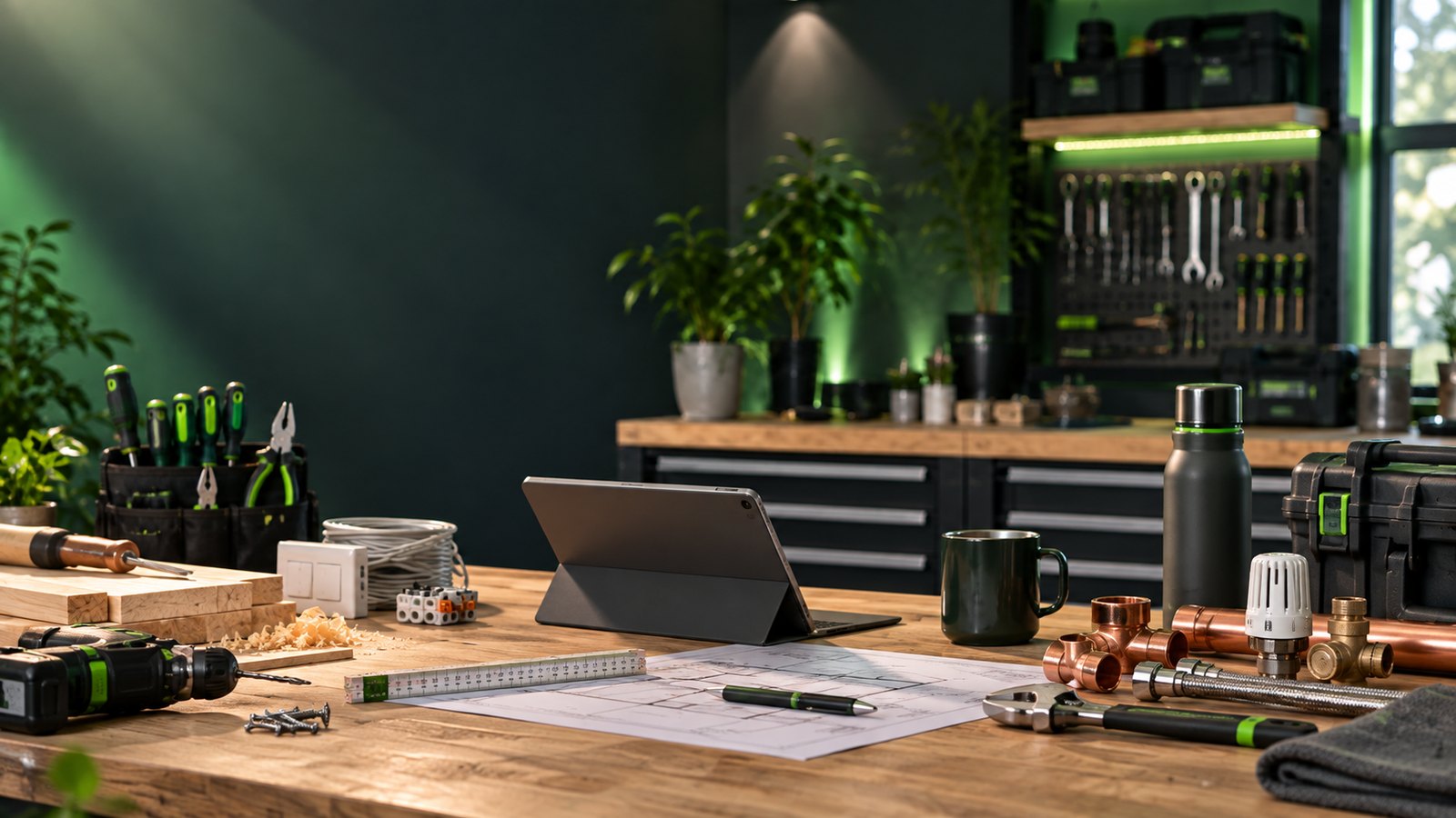 Moderner Handwerker-Arbeitsplatz mit Werkzeugen und Tablet