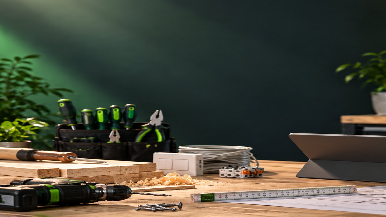Tischler-Arbeitsplatz mit Holz, Werkzeugen und Tablet